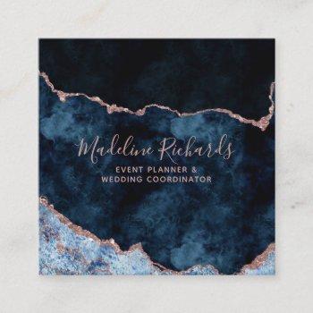 navy blue rose gold watercolor marble agate gilded square business card