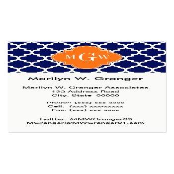 Small Navy Blue Wt Chevron Pumpkin Quatrefoil 3 Monogram Business Card Front View