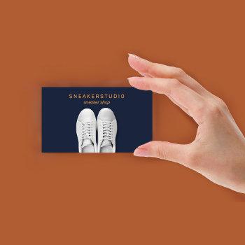 Small Navy Brown White Sport Sneaker Shoes Business Card Front View