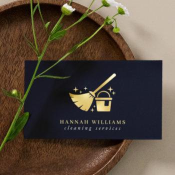 navy & gold house cleaning services  business card