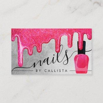 neon pink silver thick glitter drips polish nails business card