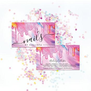 neon unicorn holographic thick glitter drips nails business card