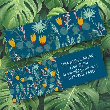 night garden floral botanical pattern dark blue mini business card