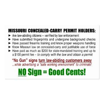 Small "no Guns No Money" Missouri Ccw Business Card (1c) Back View