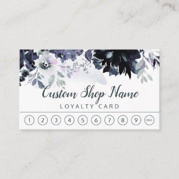 nocturnal floral navy blue custom text business loyalty card