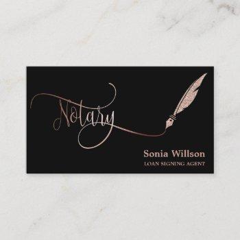 notary elegant rose gold typography feather pen business card