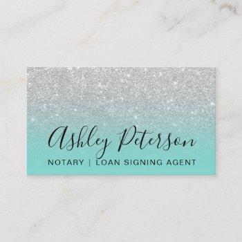 notary elegant typography silver glitter teal business card
