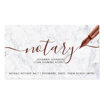 Small Notary Loan Rose Gold White Marble Typography Business Card Front View