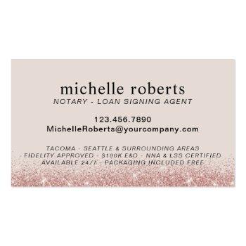 Small Notary Loan Signing Agent Modern Rose Gold Glitter Business Card Back View