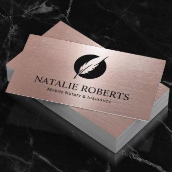 notary loan signing agent modern rose gold quill business card