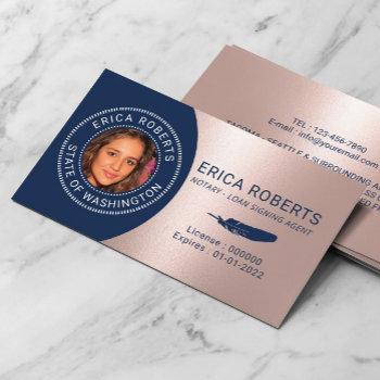 notary loan signing agent navy rose gold photo business card