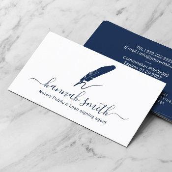 notary loan signing agent quill logo plain navy business card