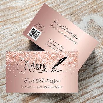 notary loan signing agent rose gold glitter qr  business card
