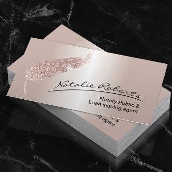 notary loan signing agent rose gold quill business card