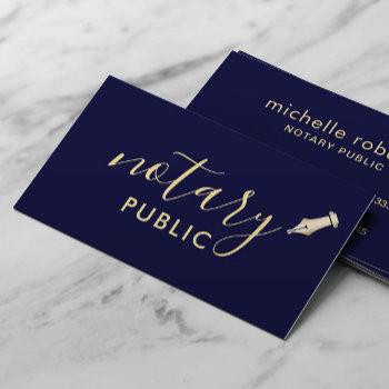 notary public elegant script plain navy & gold business card