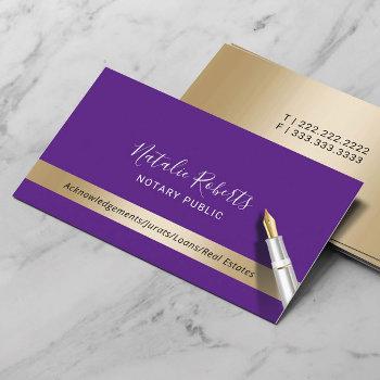 notary public loan signing agent purple & gold business card