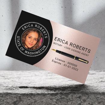 notary public loan signing agent rose gold photo business card