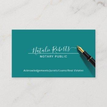 notary public minimalist script elegant teal business card
