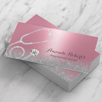 nurse caregiver modern pink silver glitter medical business card