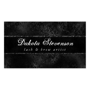 Small Onyx Romance | Black Satin Grunge Rose Damask Business Card Front View