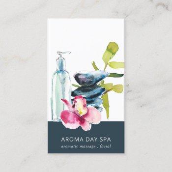 orchid stone  navy watercolor spa massage therapy business card