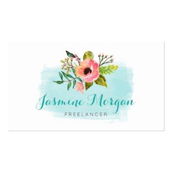 Small Painted Watercolor Floral Chic Teal Aqua Blue Business Card Front View