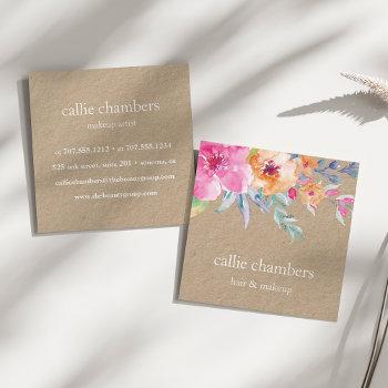 painted watercolor floral kraft square business card