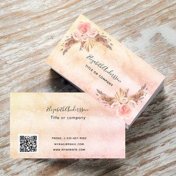 pampas grass blush pink florals script qr code business card
