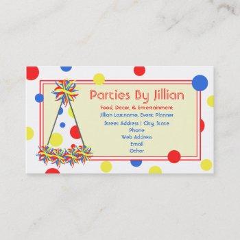 party planner red yellow blue polka dot party hat business card