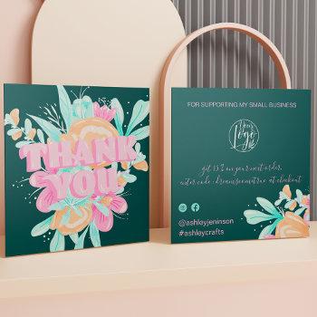 pastel pink floral retro script order thank you square business card