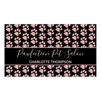 Small Paw Prints Rose Gold Glitter Pink Dog Grooming Business Card Front View