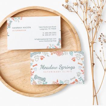 peach floral & foliage pet paw print pattern business card