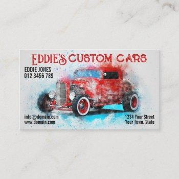 personal custom cars, hot rod watercolor, grunge business card