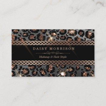 personalized trendy leopard black gold glitter business card