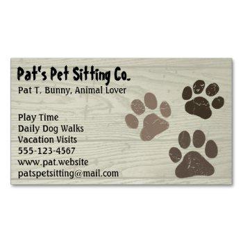 pet dog or cat paw prints on faux weatherd wood magnetic business card
