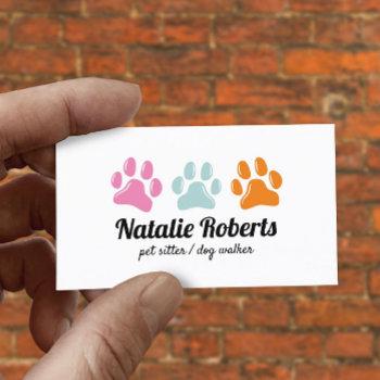 pet sitter dog walker cute 3 color paw prints business card