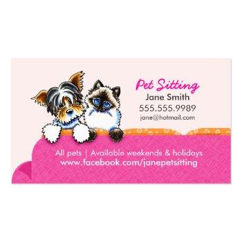 Small Pet Sitting Yorkie W/ Cat Couch Pink Business Card Front View