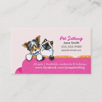 pet sitting yorkie w/ cat couch pink business card