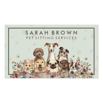 Small Petsitter Dogs Sitting Flowers Veterinary Retro Business Card Front View