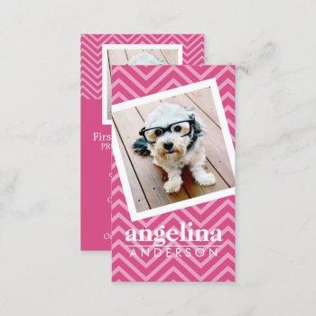 photo with hot pink chevron pattern custom name business card