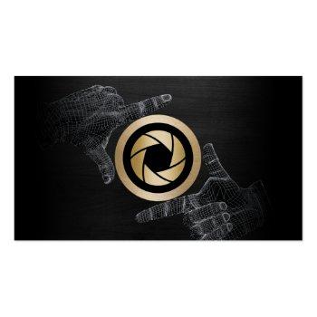 Small Photographer Gold Shutter Logo Elegant Dark Wood Business Card Front View
