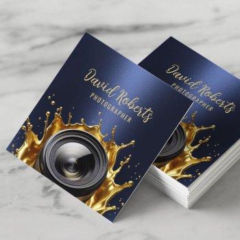 photographer trendy gold camera photography navy square business card