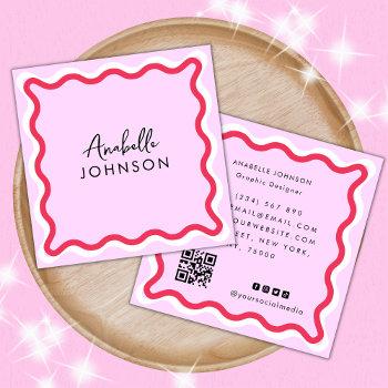 pink and red retro wavy frame modern script name square business card