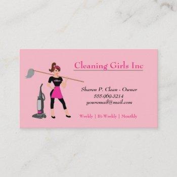 pink cartoon girl with mop house cleaning service business card