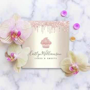 pink cupcake glitter drips pastry chef bakery gold square business card