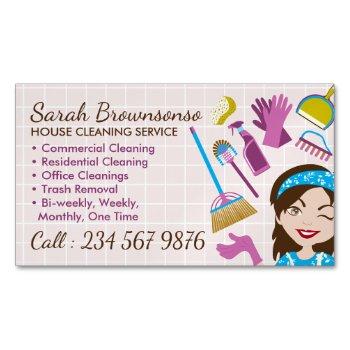 pink cute cleaning service janitorial lady business card magnet