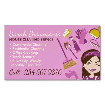 pink cute cleaning service janitorial lady design business card magnet