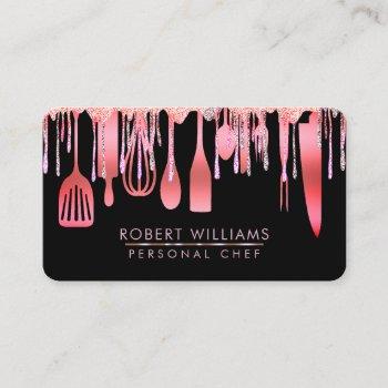 pink drip chef kitchen tools glitter faux business card