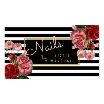 Small Pink Floral | Black White Stripes Nail Tech Business Card Front View