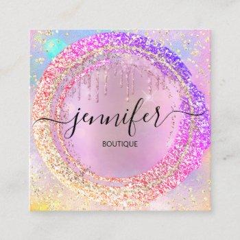pink glitter boutique shop drips pink holograph square business card